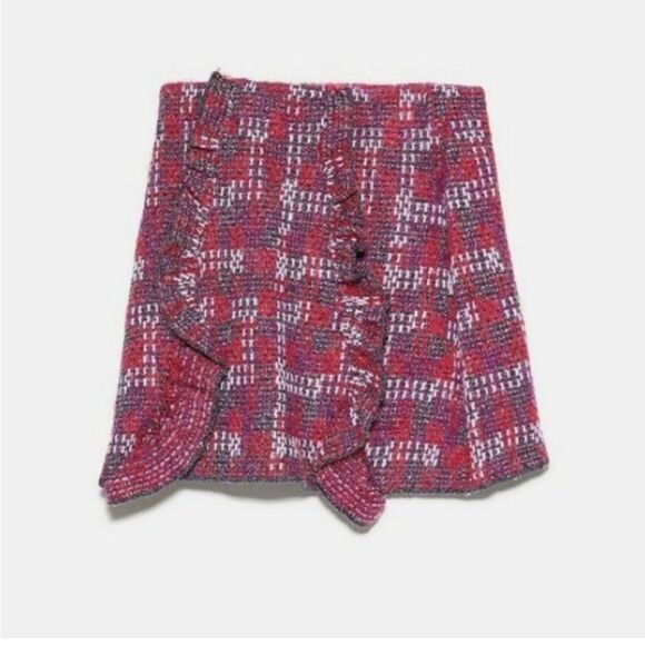 Zara Knit Tweed Ruffle Mini Skirt Orange and Purple Stretch Women’s Size Small - Picture 1 of 9